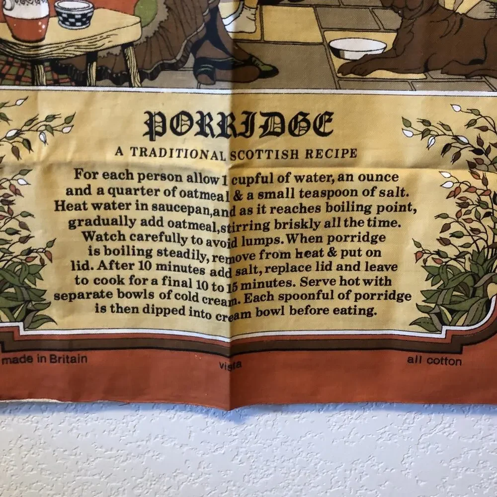 Tea Towel Scottish Recipe PORRIDGE Kilt Dog Farm Family Orange Country O'Scotia'